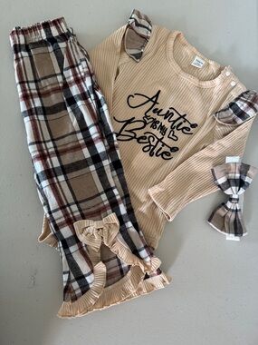 SHEIN Beige Ribbed Bodysuit & Plaid Pants Matching Set